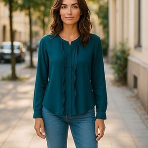 Banana Republic Green Button Ruffle Long Sleeve Blouse